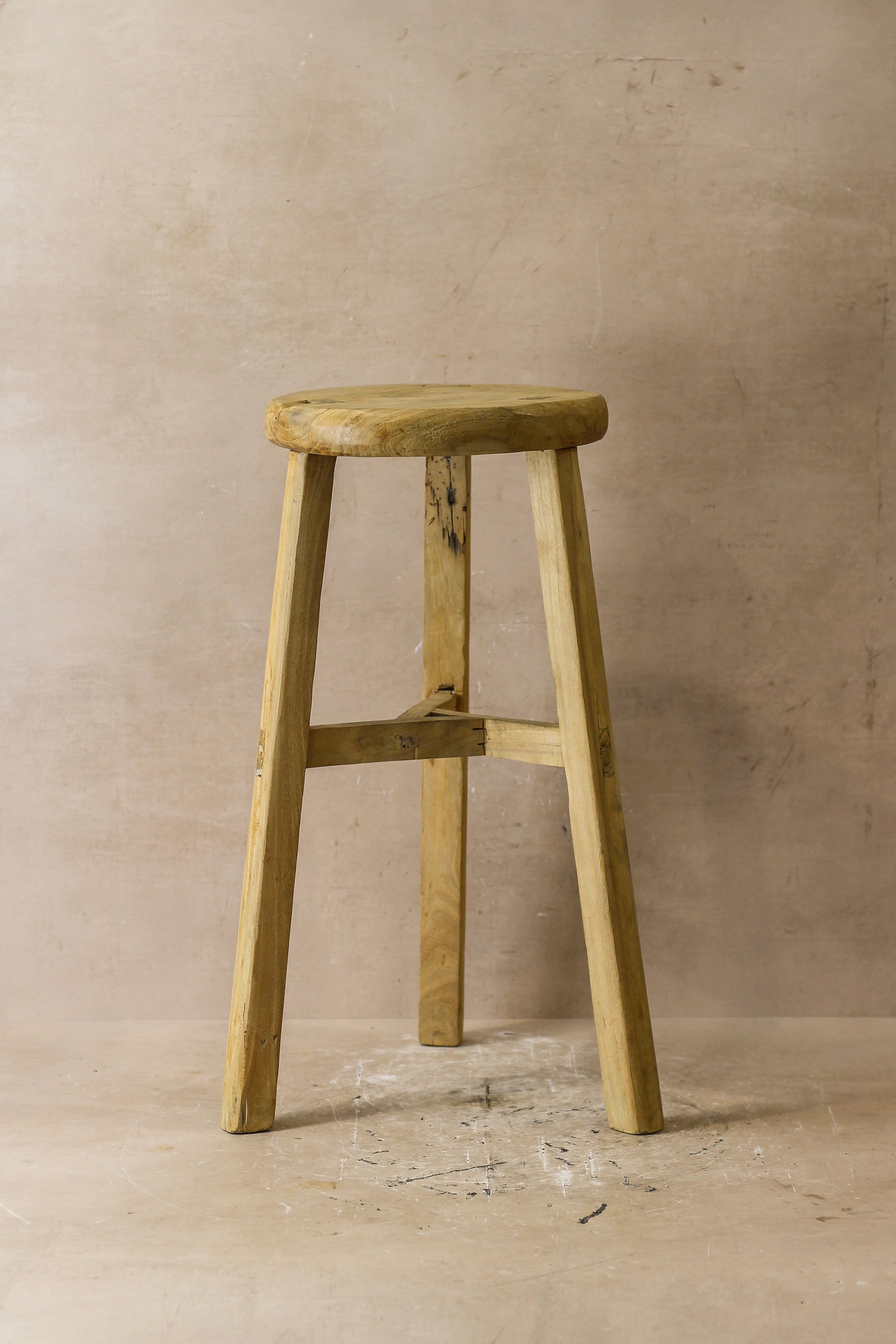 Vintage Rustic Elm Wood Stool - Round - No 44